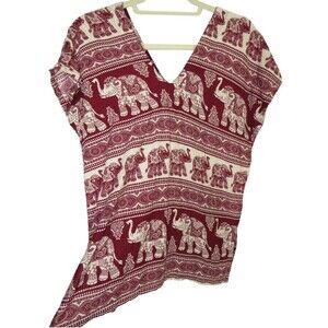 Women's Maroon Lucky Elephant Print Dolman Sleeve V Neck Top Size Medium